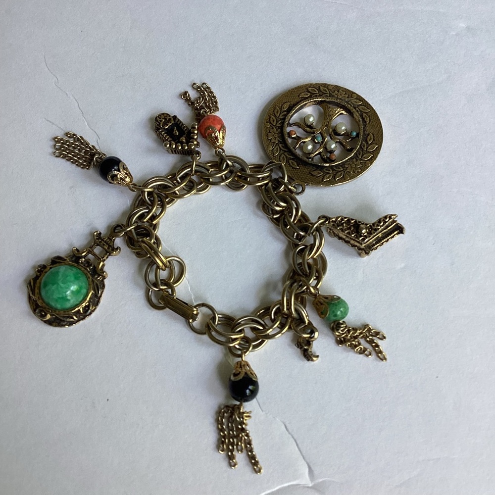 Vintage Charm Bracelet Gold Tone Stones Piano Tassels Chunky Loaded Tree of Life